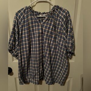 Time and Tru Navy and Beige Checkered Top